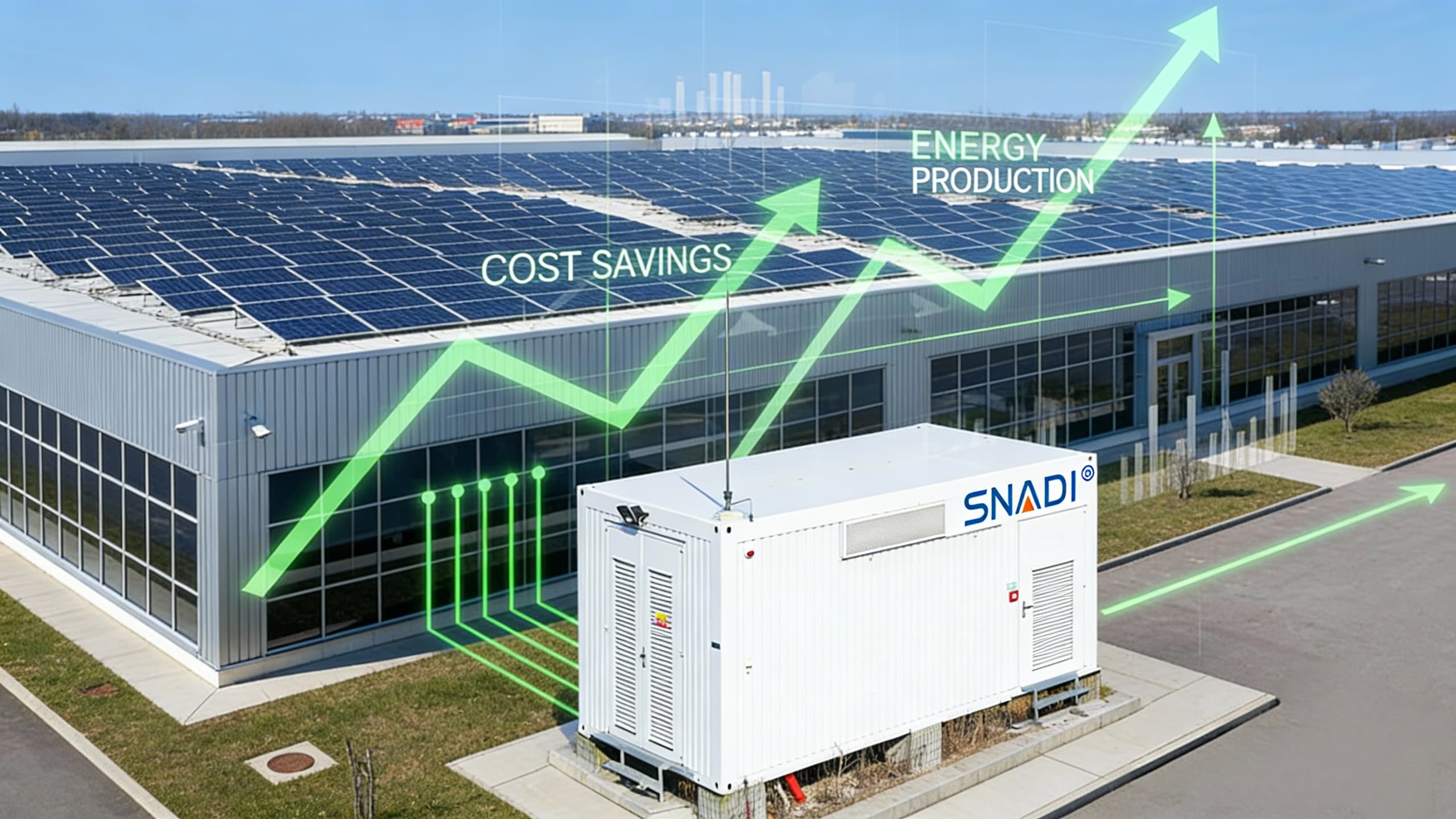 Sistema de almacenamiento de energía en batería industrial (BESS) SNADI integrado con paneles solares en el tejado de la fábrica, con superposición digital de ahorro de costos y producción de energía.